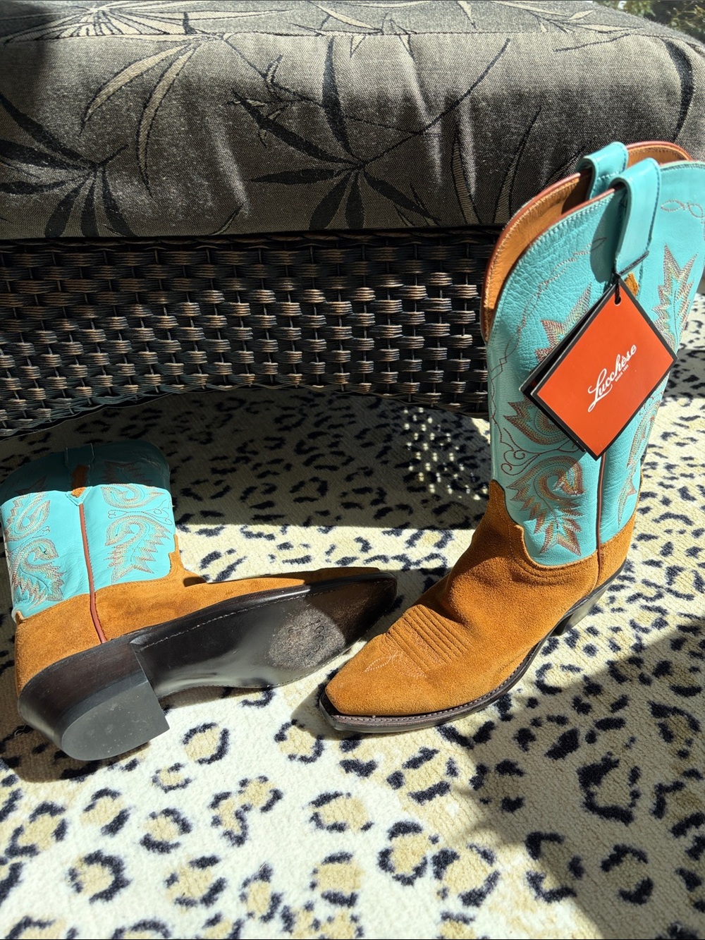 Lucchese Women's Turquoise and Brown Lace-Up Western Boots . - Picture 4 of 6